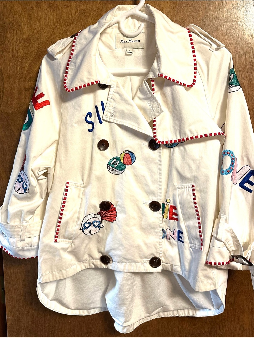 White Embroidered Trench Coat with Playful Patchwork